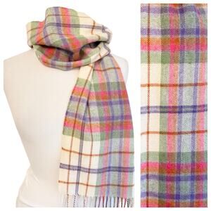 John Hanley Ireland 100% Merino Wool Pink Green Plaid Winter Scarf Fringe